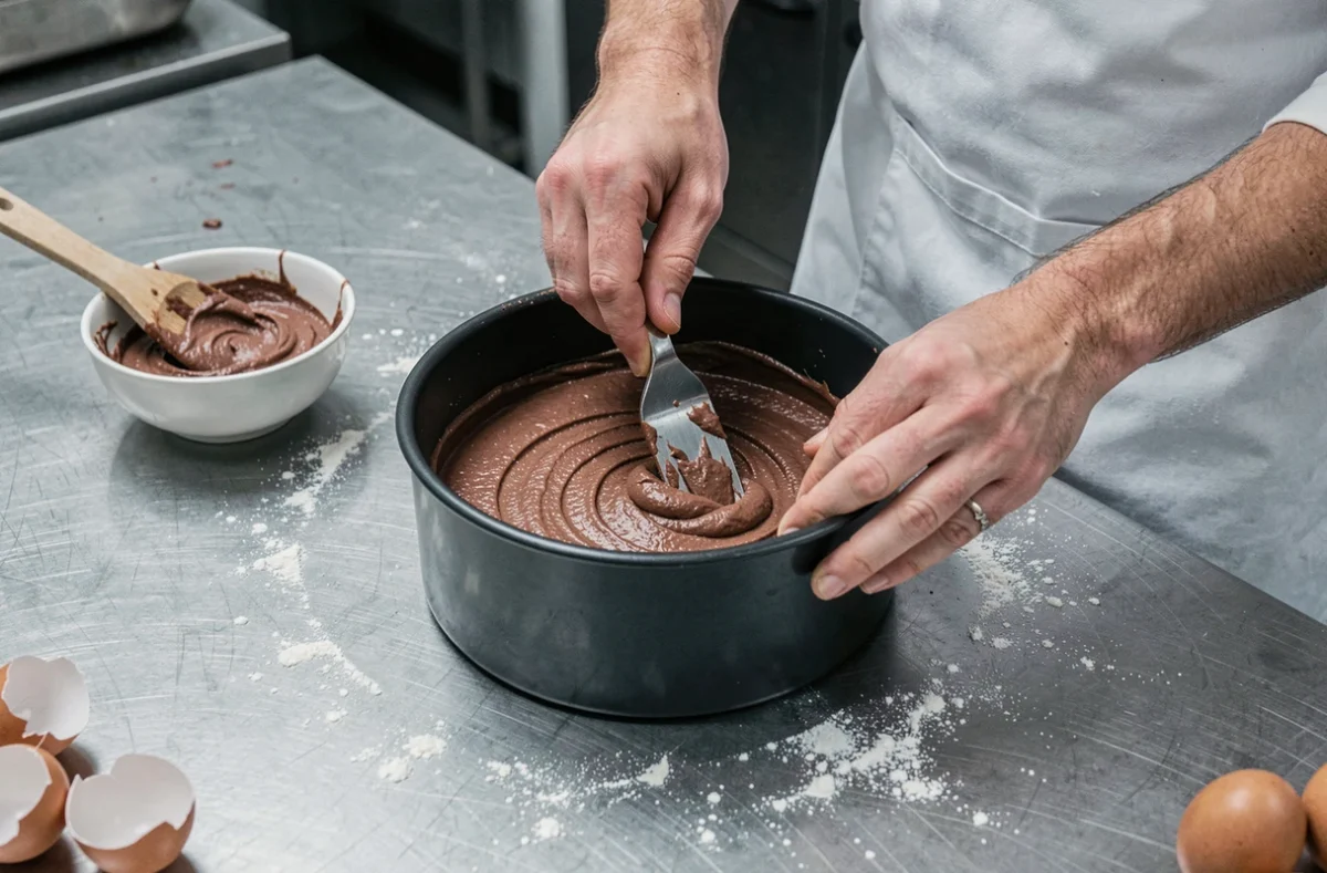 Mains de pâtissier étalant la pâte de gâteau fondant au marron dans un moule sur plan de travail professionnel