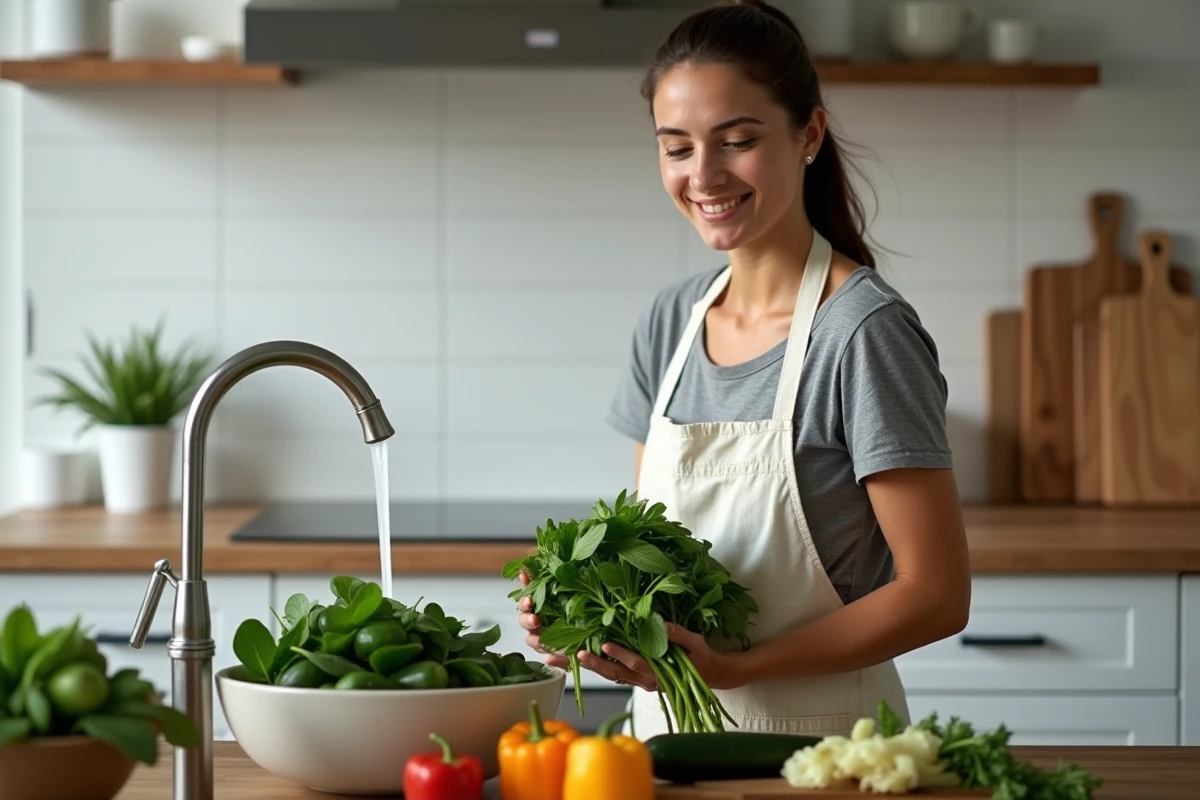 Femme préparant des légumes verts frais dans une cuisine moderne pour un repas équilibré au quotidien