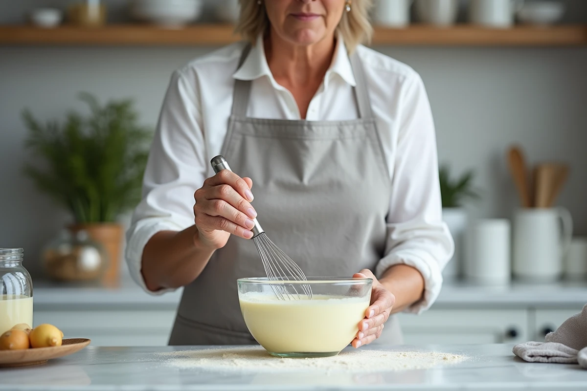 Femme préparant une mayonnaise maison en fouettant vigoureusement dans un bol en verre sur un plan de travail en marbre blanc