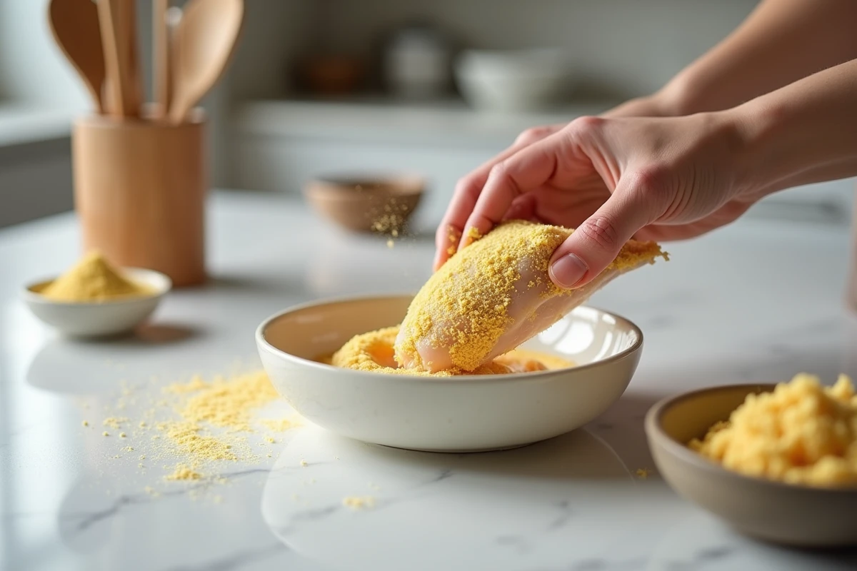 Mains enrobant un blanc de poulet cru dans de la farine de maïs jaune sur un plan de travail en marbre