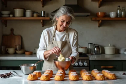 Femme versant la pâte à canelés dans des moules en cuivre sur un plan de travail en marbre, préparation en grande quantité