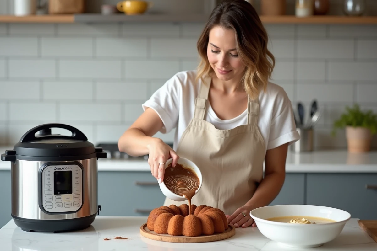 Femme versant de la pâte au chocolat dans un moule pour préparer un gâteau marbré au Cookeo dans une cuisine moderne