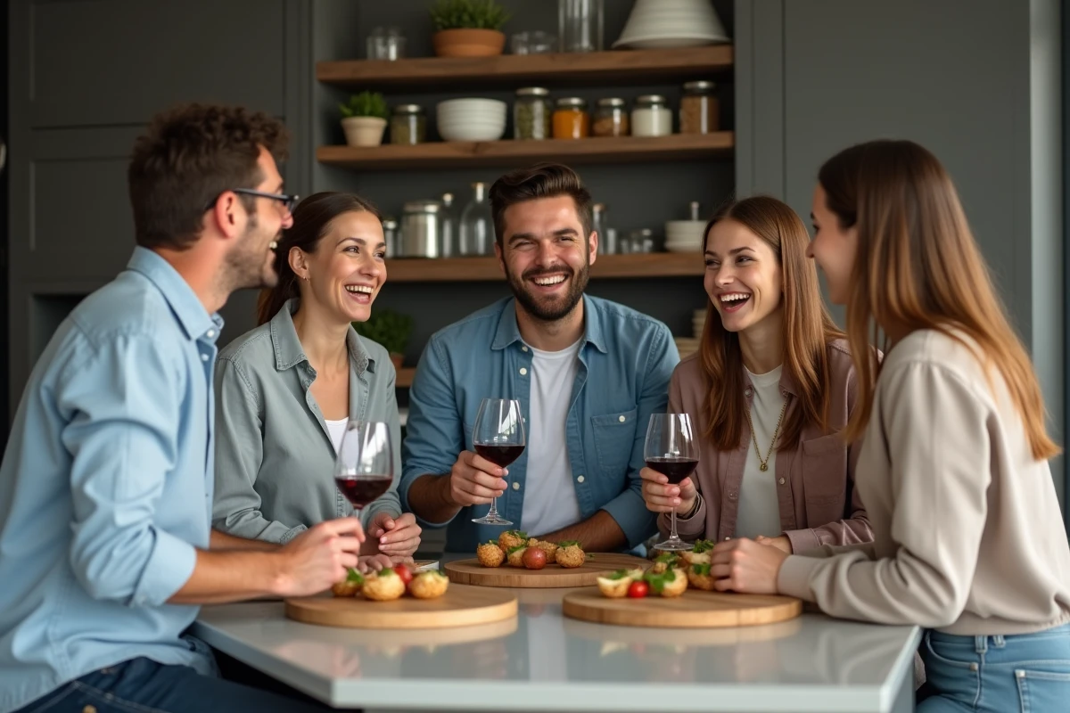Groupe d'amis qui préparent des apéritifs rapides ensemble dans une cuisine moderne décontractée