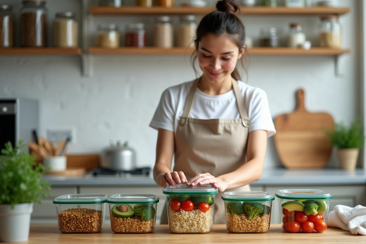 Femme préparant des repas sains pour la semaine avec légumineuses, légumes et céréales complètes dans des boîtes en verre
