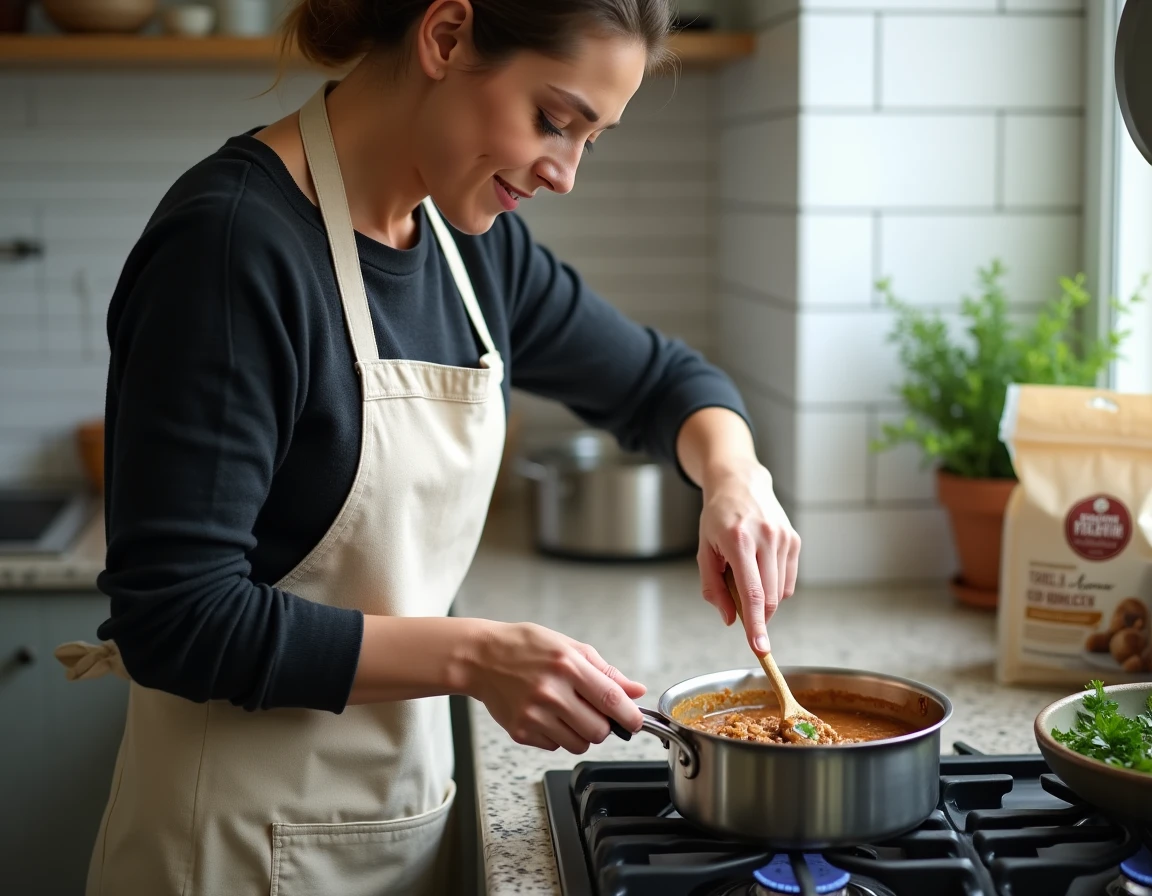 Cuisinier préparant une sauce de cèpes express avec des cèpes surgelés dans une cuisine moderne