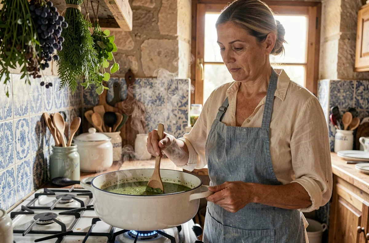 Femme provençale préparant une soupe au pistou dans une cocotte émaillée dans une cuisine traditionnelle
