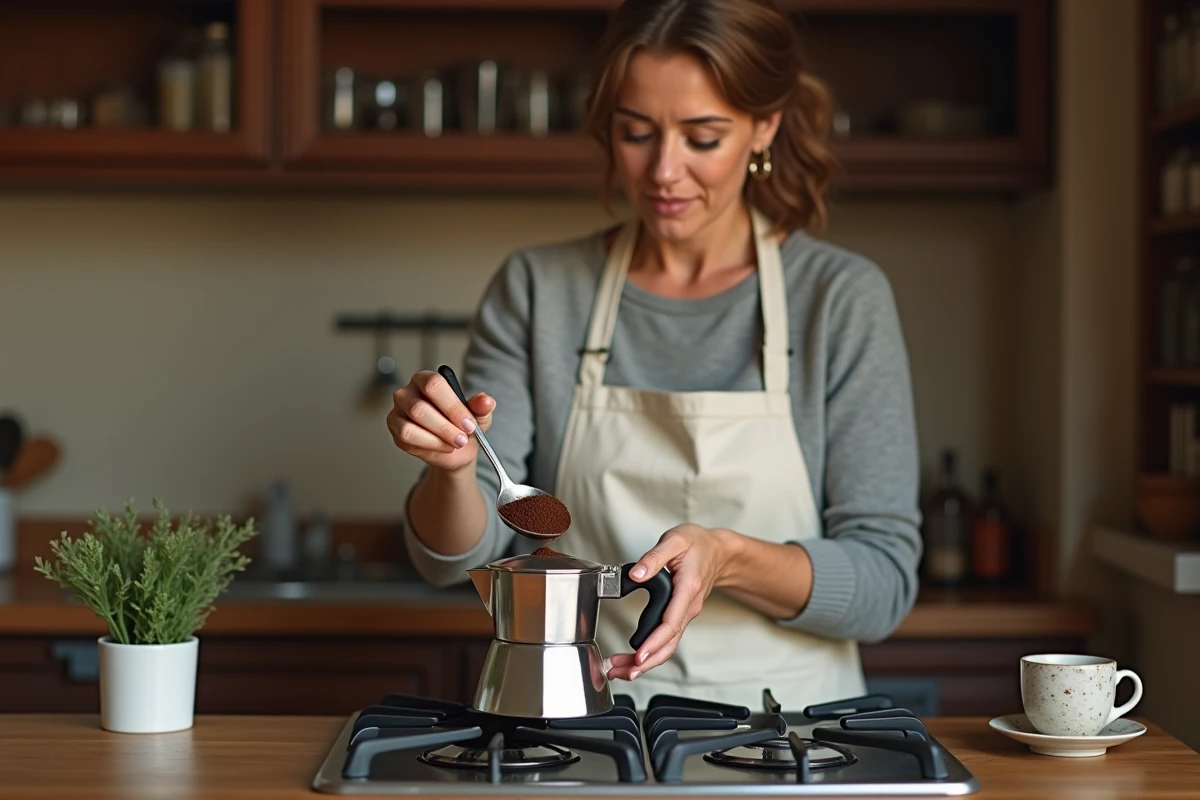 Femme versant du café moulu dans une cafetière moka sur une cuisinière à gaz dans une cuisine chaleureuse