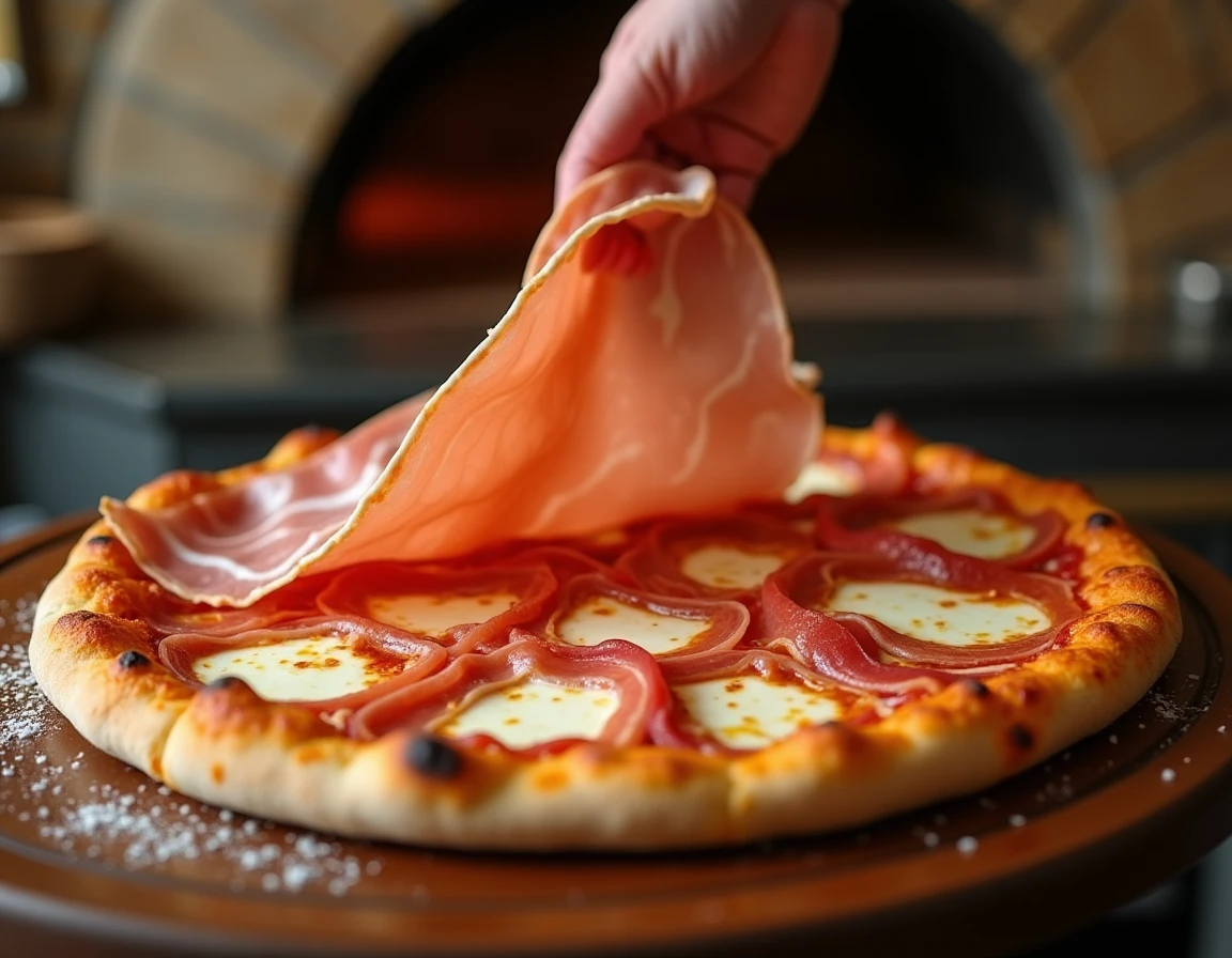 Tranches de prosciutto di Parma déposées à la main sur une pizza chaude sortant du four en cuisine italienne