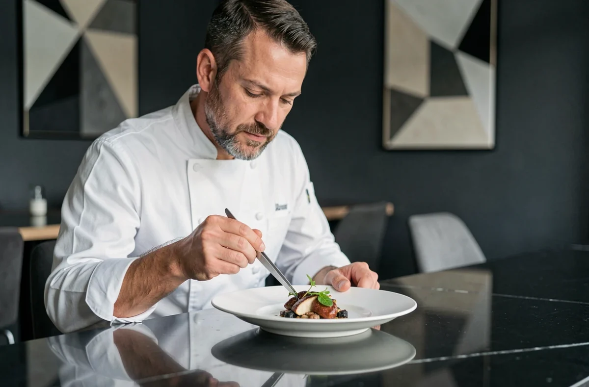 Chef du restaurant Py-R à Toulouse dressant une assiette gastronomique contemporaine dans une salle minimaliste