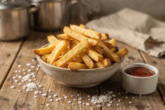 Portion généreuse de frites maison dorées servies dans un bol en céramique rustique sur une table en bois de cuisine familiale