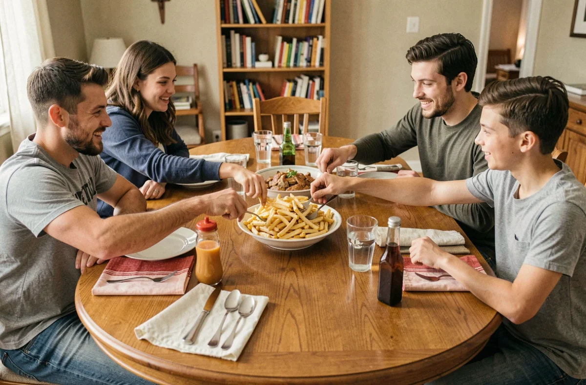Famille de quatre personnes partageant un grand plat de frites croustillantes autour d'une table à manger en bois lors d'un repas convivial