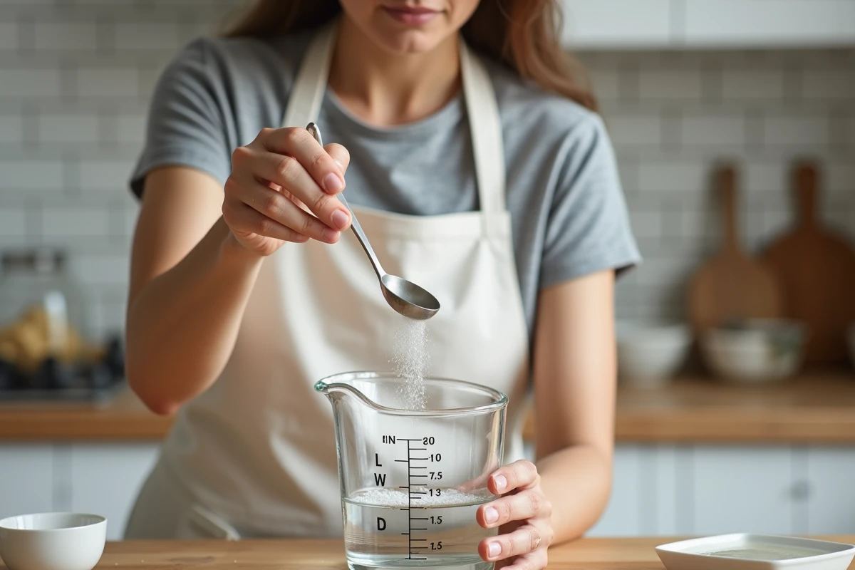 Femme mesurant la quantité de sel à ajouter dans un litre d'eau dans une cuisine moderne