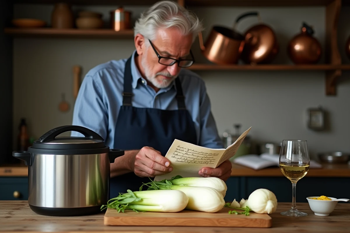 Homme âgé consultant une recette manuscrite d'endives à côté d'une cocotte minute en cuisine rustique