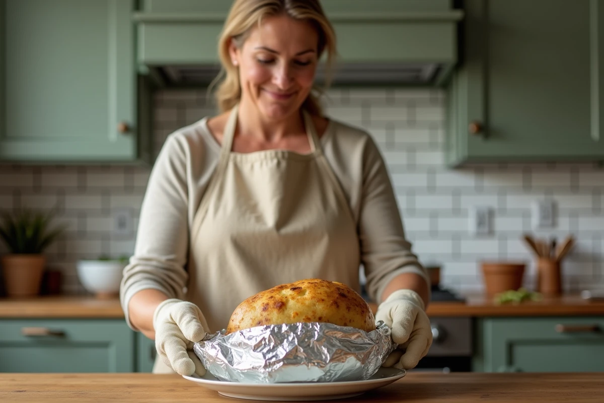 Femme sortant une pomme de terre au four enveloppée dans du papier aluminium avec des gants de cuisine dans une cuisine familiale