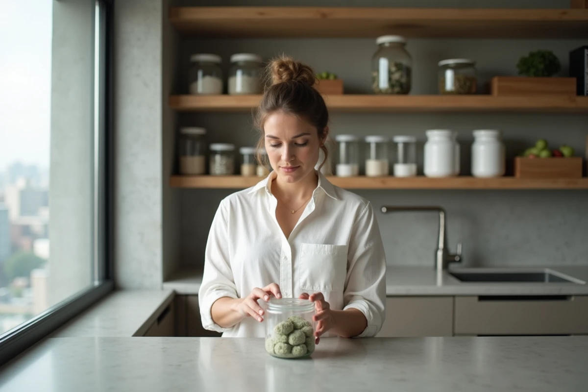 Femme inspectant des ingrédients alimentaires futuristes à base de protéines cultivées en laboratoire dans une cuisine moderne