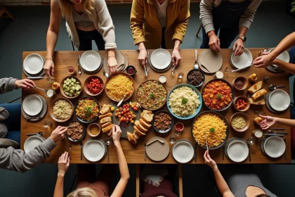 Grande table rustique dressée pour dix amis avec des plats à partager colorés et conviviaux