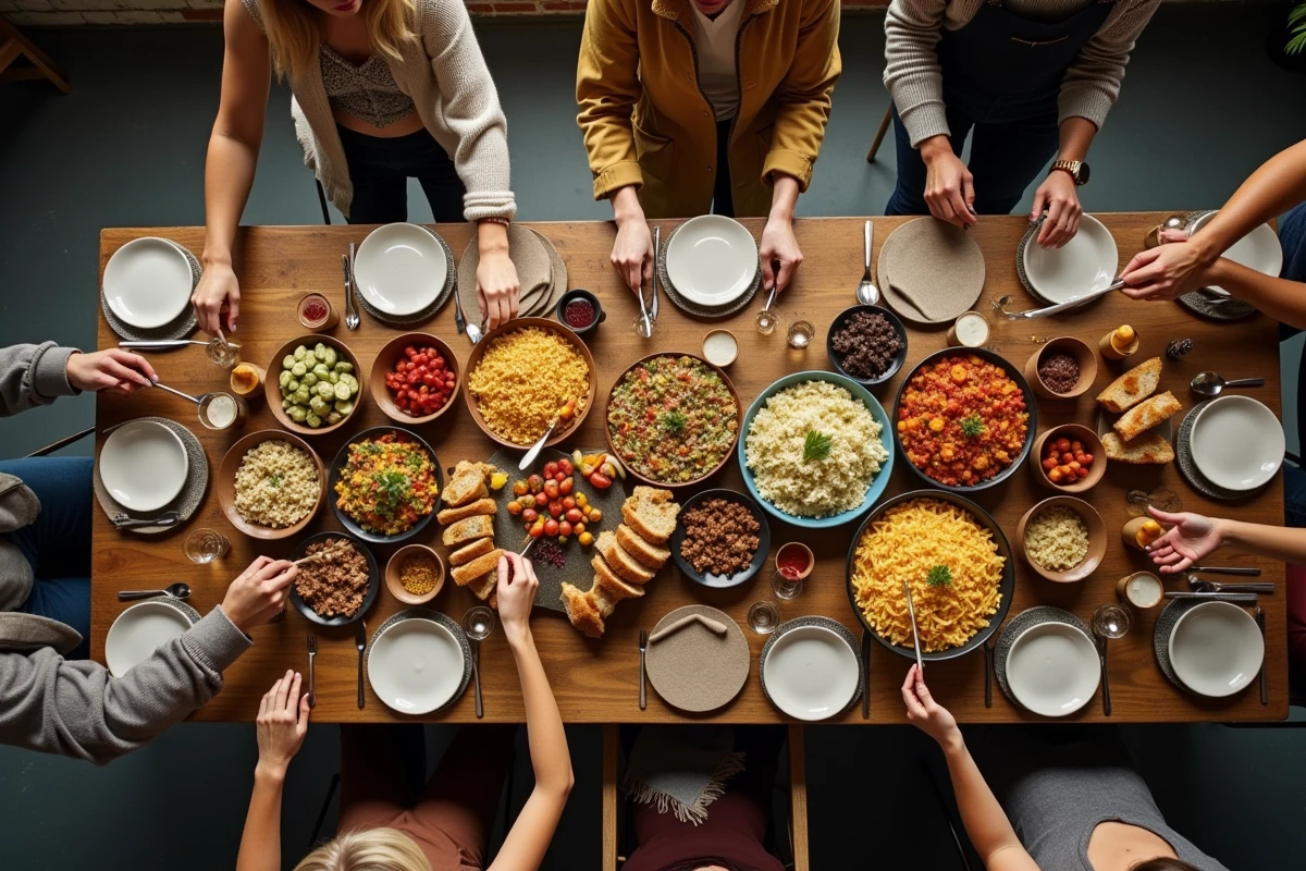 Grande table rustique dressée pour dix amis avec des plats à partager colorés et conviviaux