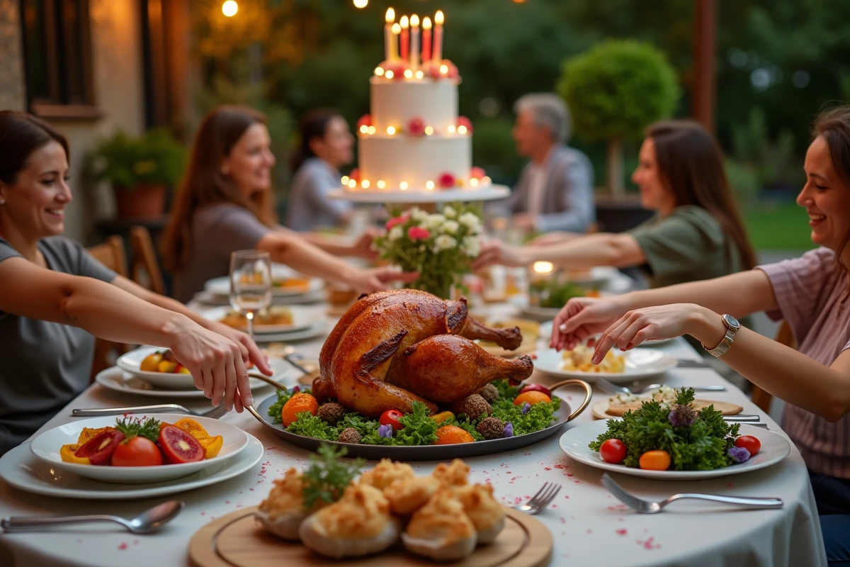 Table d'anniversaire dressée en extérieur avec poulet rôti, légumes colorés et gâteau d'anniversaire pour un repas festif en famille
