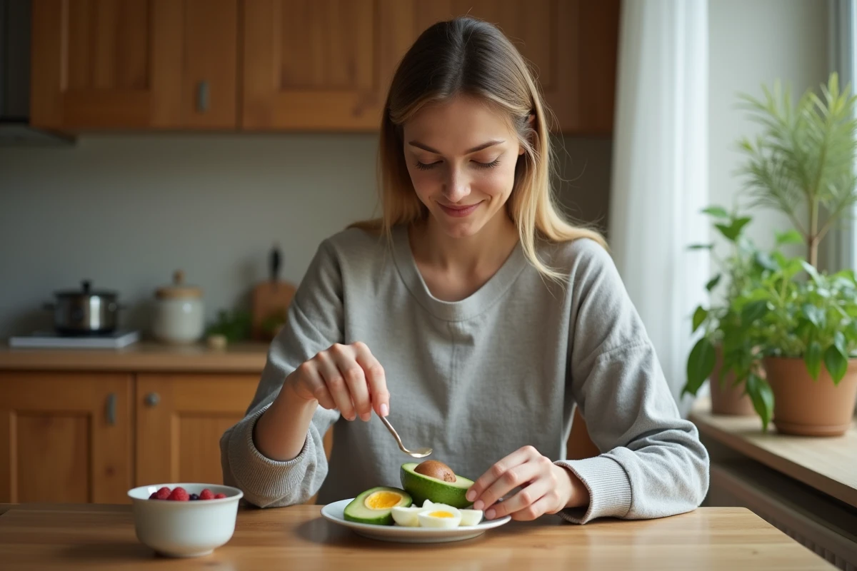 Femme préparant un repas équilibré pour casser le jeûne intermittent avec avocat, œufs et fruits rouges