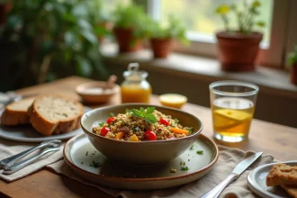 Repas sain fait maison avec salade de quinoa aux légumes rôtis et pain au levain sur table en bois rustique
