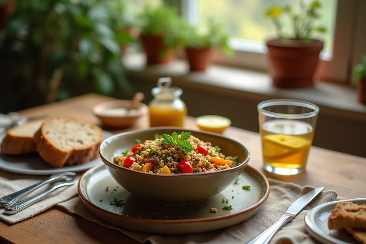 Repas sain fait maison avec salade de quinoa aux légumes rôtis et pain au levain sur table en bois rustique
