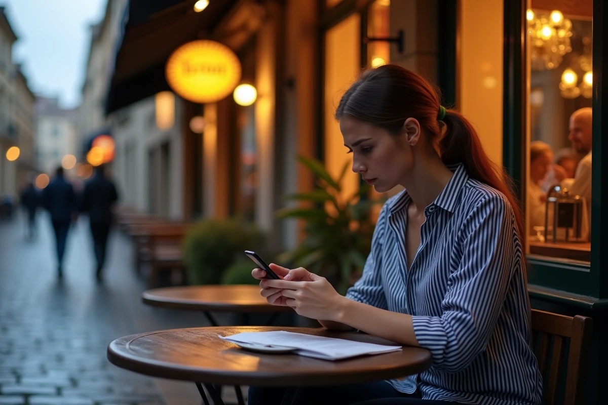 Jeune femme cherchant à réserver une table dans un bouchon lyonnais sur son smartphone, assise devant un restaurant typique de Vieux-Lyon le soir