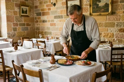 Intérieur d'un bistrot français authentique à Carcassonne avec tables dressées et cassoulet traditionnel servi par un serveur