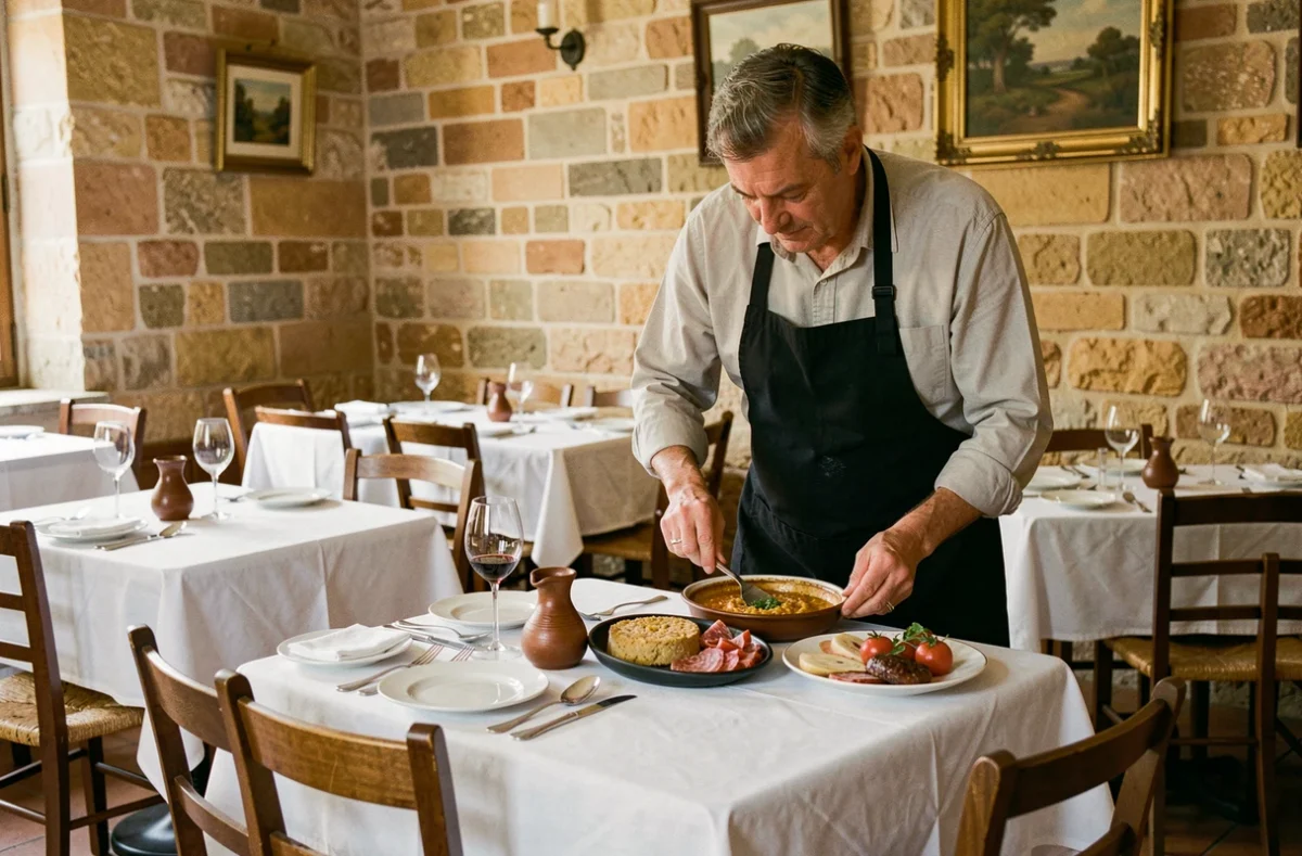 Intérieur d'un bistrot français authentique à Carcassonne avec tables dressées et cassoulet traditionnel servi par un serveur