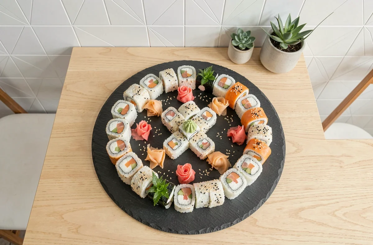 Grand plateau de maki et California rolls vus de dessus au restaurant Enjoy Sushi à Aix-en-Provence