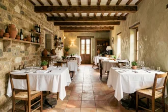 Salle de restaurant gastronomique en Occitanie avec murs en pierre, poutres en bois et tables dressées avec soin