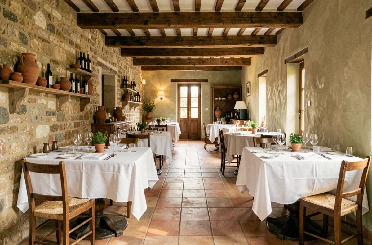 Salle de restaurant gastronomique en Occitanie avec murs en pierre, poutres en bois et tables dressées avec soin