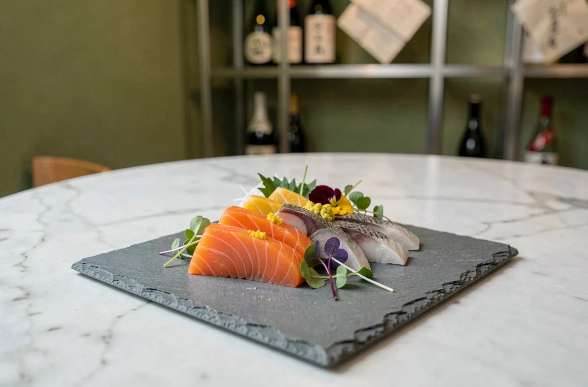Assiette de sashimi kaiseki soigneusement dressée au restaurant Izumi à Aix-en-Provence