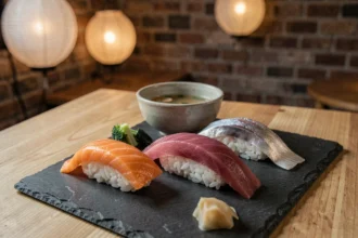 Plateau de sushis omakase soigneusement dressé dans un restaurant japonais des Hauts-de-France, avec nigiri de saumon, thon et daurade sur ardoise noire