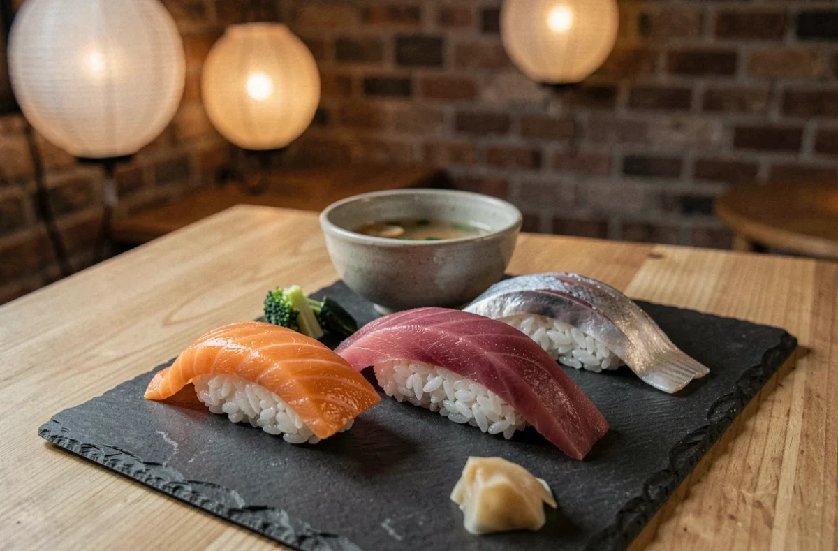 Plateau de sushis omakase soigneusement dressé dans un restaurant japonais des Hauts-de-France, avec nigiri de saumon, thon et daurade sur ardoise noire