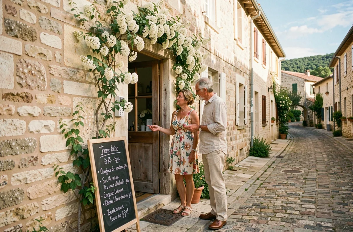 Façade en pierre du restaurant Le Carillon à Goult avec un couple lisant le menu sur une rue pavée provençale