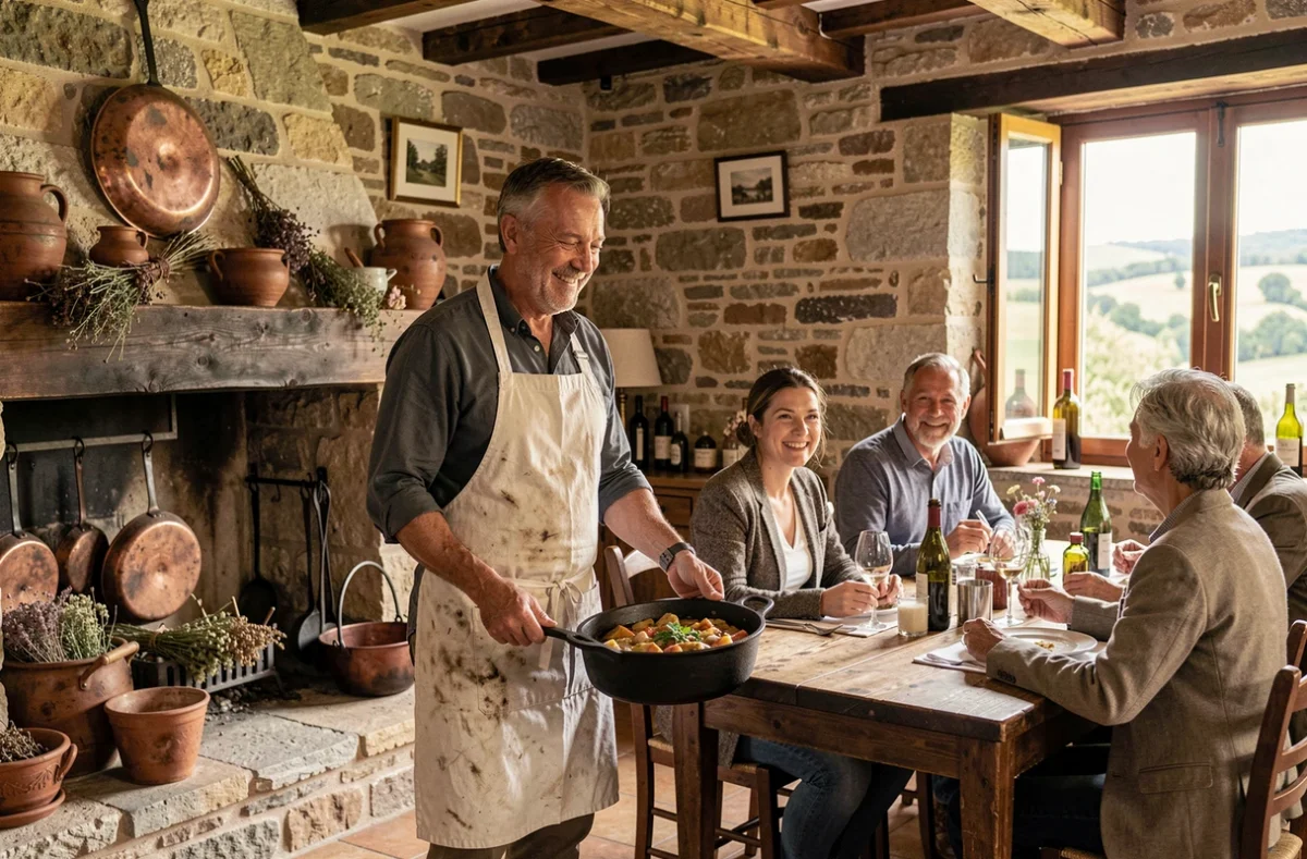 Chef du Gindreau à Saint-Médard portant une cocotte régionale dans une salle en pierre de caractère