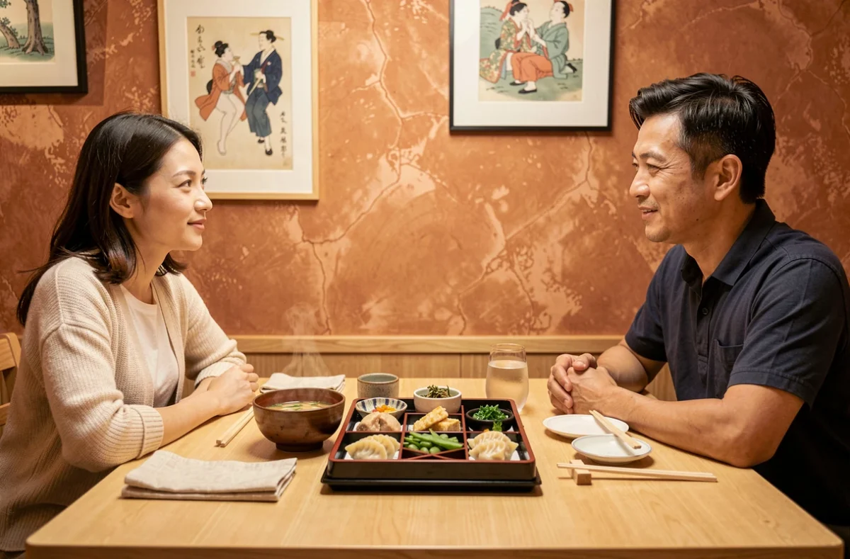 Deux amis attablés devant des entrées japonaises traditionnelles au restaurant Le Yen à Aix-en-Provence
