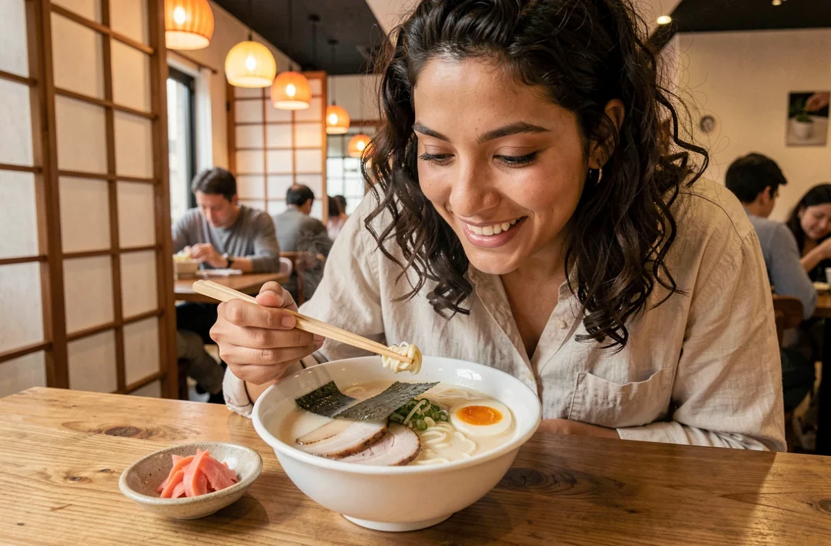 Bol de ramen tonkotsu fumant servi à une cliente souriante au restaurant Onakaya à Nice