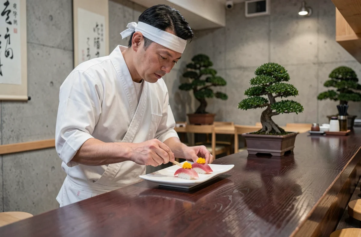 Chef japonais préparant un omakase raffiné au comptoir du restaurant Shintaro à Nice