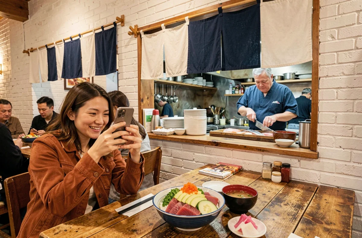 Cliente photographiant son donburi coloré dans l'ambiance animée du restaurant Wasabi à Marseille