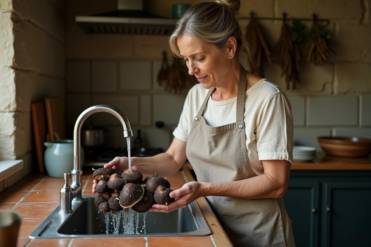 Femme rinçant des trompettes de la mort fraîches sous l'eau froide dans une cuisine rustique pour enlever leur amertume