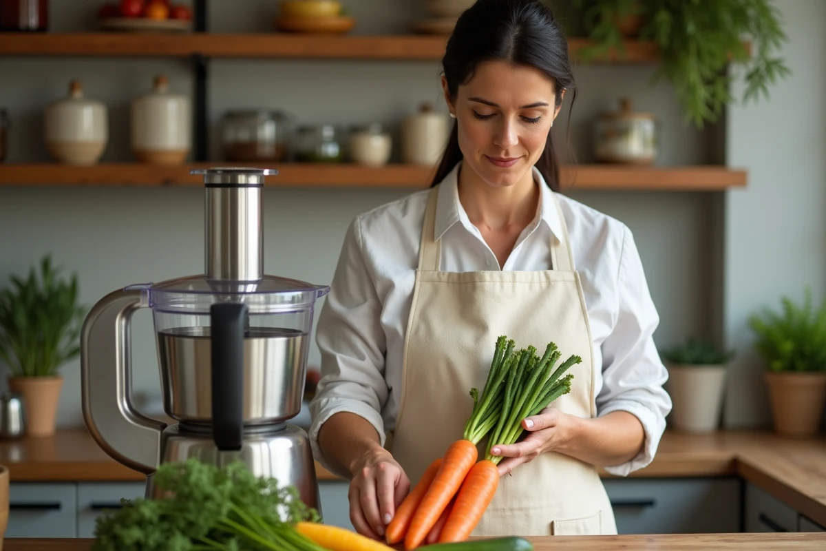 Femme préparant des légumes dans un robot culinaire pour couper en julienne dans une cuisine moderne