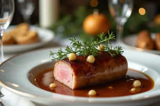 Rôti de veau nappé d'une sauce au jus brillante sur une table de fête dressée avec élégance