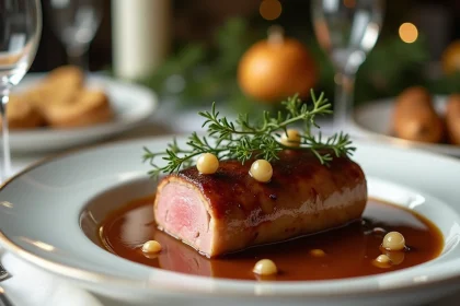 Rôti de veau nappé d'une sauce au jus brillante sur une table de fête dressée avec élégance