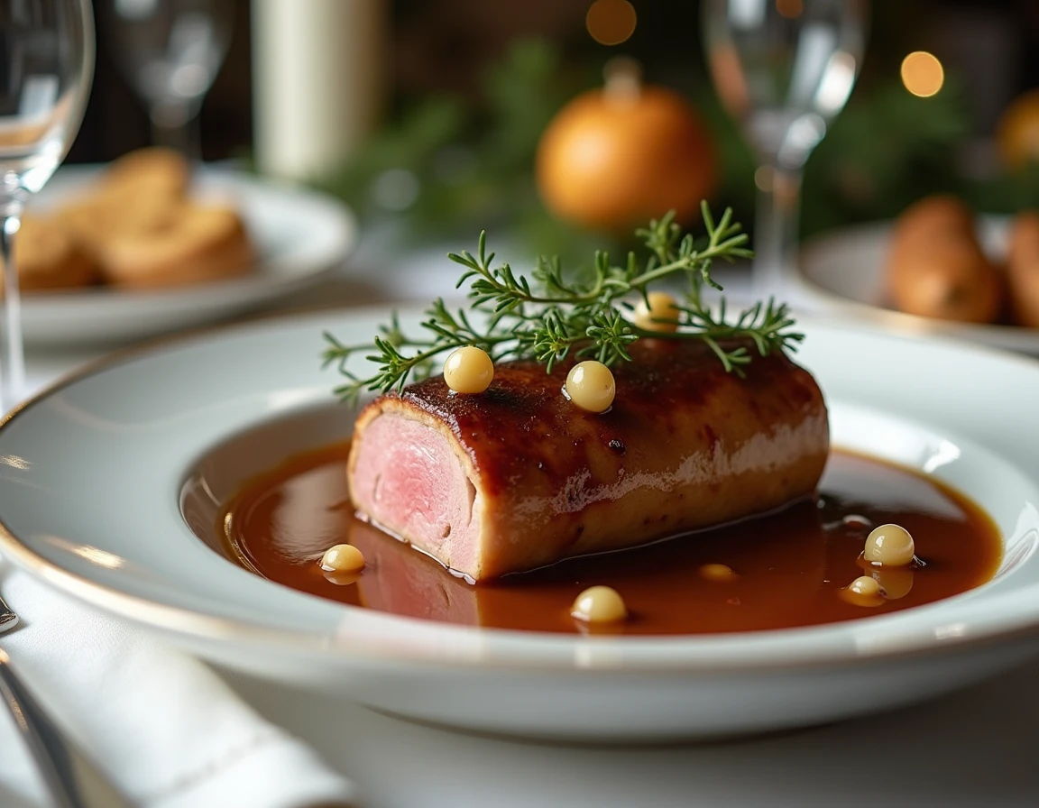 Rôti de veau nappé d'une sauce au jus brillante sur une table de fête dressée avec élégance