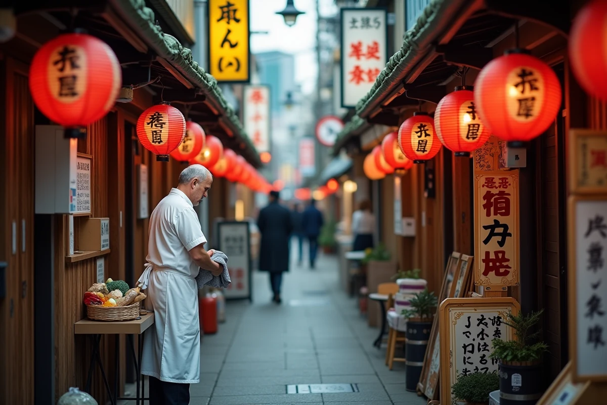 Rue animée de Tokyo bordée de restaurants traditionnels japonais ramen et izakayas avec lanternes rouges