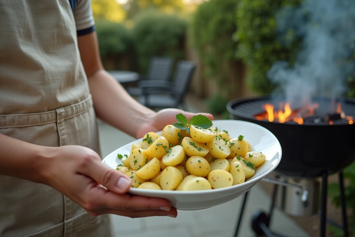 Salade de pommes de terre maison à la moutarde servie près d'un barbecue au charbon dans un jardin