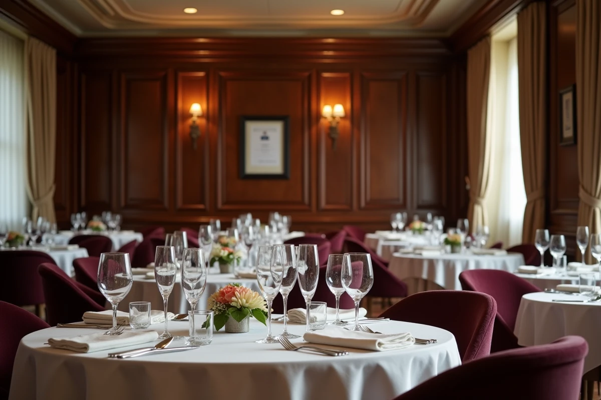Salle de restaurant gastronomique avec diplôme étoile Michelin affiché au mur