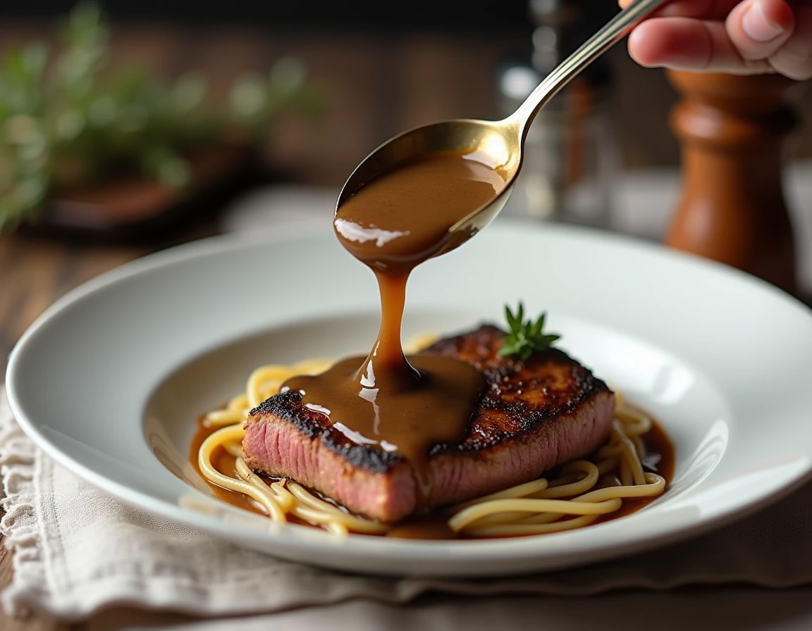 Sauce de cèpes versée sur une assiette dans un dressage élégant de style bistrot français