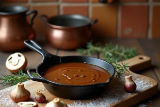 Sauce de cèpes maison dans une poêle en fonte avec des cèpes surgelés sur une planche en bois rustique